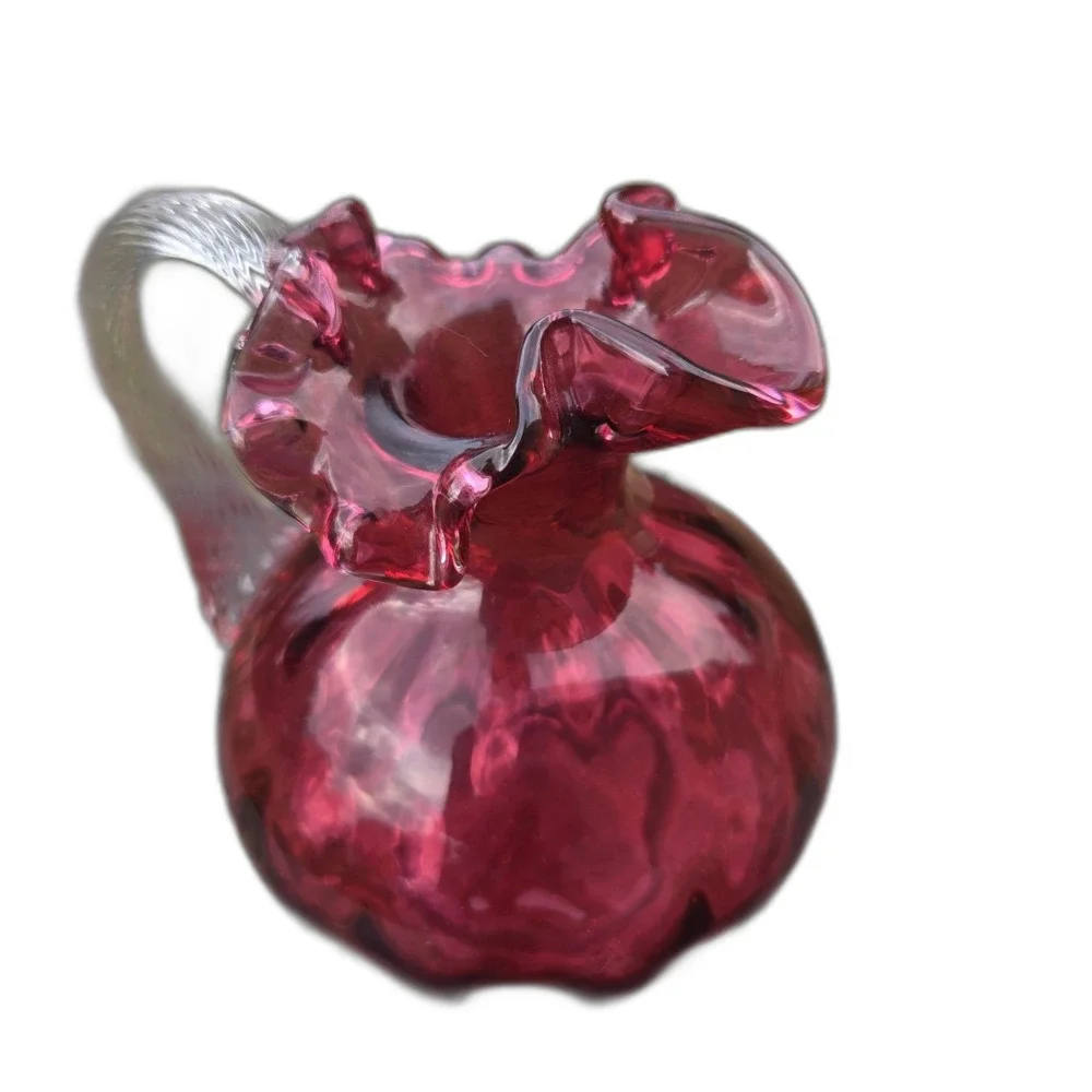 VTG Cranberry Glass Pitcher Ruffled Rim Clear Reeded Handle Optic 6.5 Inch